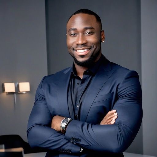 Smiling man in a dark suit with arms crossed, standing in a modern office environment.